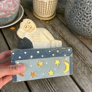 Indonesian Folk Art Sleeping Bhudha Box Carved Wood Hand Painted Stars Moon